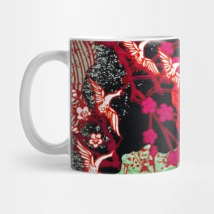 FLYING CRANES AND SPRING FLOWERS  Red Green Black Antique Japanese Floral Mug